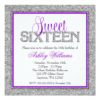 Glam Faux Glitter Silver Purple Sweet 16 Square Paper Invitation Card