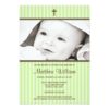 Green Stripes And Brown Cross Photo Baptism Invitation Card