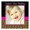Leopard Hot Pink Girls Photo 1St Birthday Party Square Paper Invitation Card