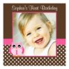 Pink Brown Owl Polka Dot 1St Birthday Girl Photo Square Paper Invitation Card