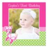 Pink Butterfly Green Polka Dot 1St Birthday Photo Square Paper Invitation Card