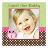 Pink Green Owl Polka Dot 1St Birthday Girl Photo Square Paper Invitation Card