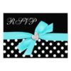 Polka Dot Teal Blue Black Bow Heart Rsvp Paper Invitation Card