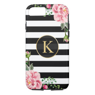 vintage floral monogram black white striped iphone 7 cases