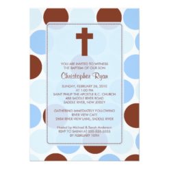 Boy Baptism Inviation Brown & Blue Polka Dots Invitation Card