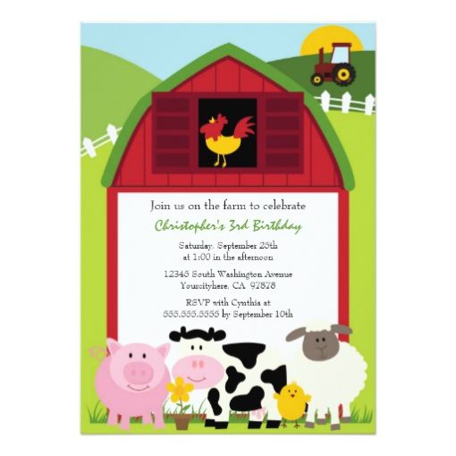 Cute Farm Animals Barn Birthday Party Invitation Card