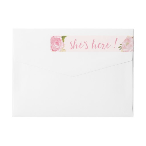 Watercolor Roses Custom Pink Birth Announcement Wrap Around Label