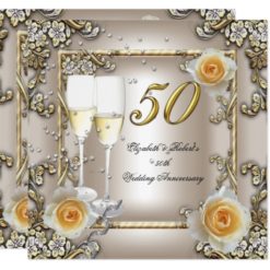 50th Anniversary Wedding  Cream Gold Rose Silver Card