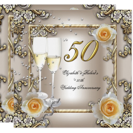 50th Anniversary Wedding Cream Gold Rose Silver Card