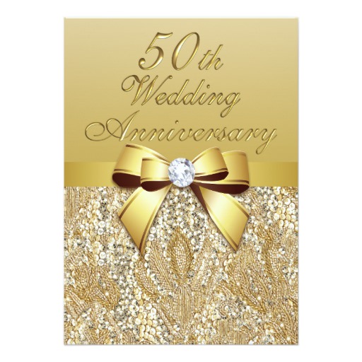 50th Gold Wedding Anniversary Faux Bow Sequins Card