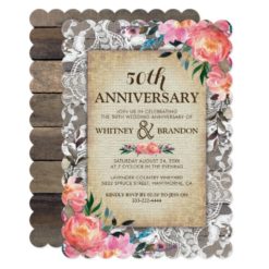 50th Wedding Anniversary Rustic Wood Lace Floral Card