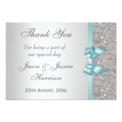 Teal Faux Bow Silver Diamonds Thank You Card - Image 2