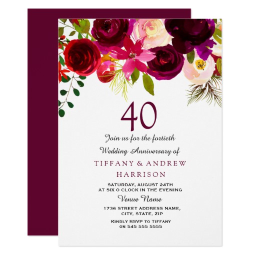 All Years Burgundy Floral 40th Wedding Anniversary Card