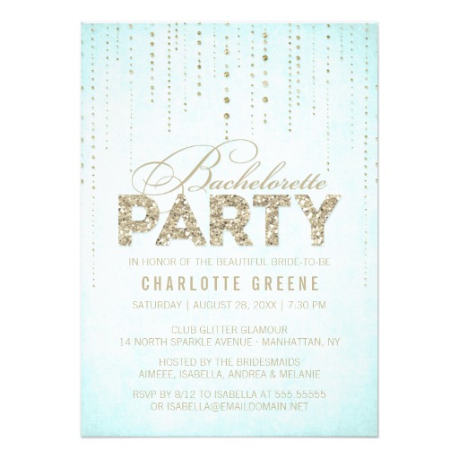Aqua & Gold Glitter Look Bachelorette Party Card