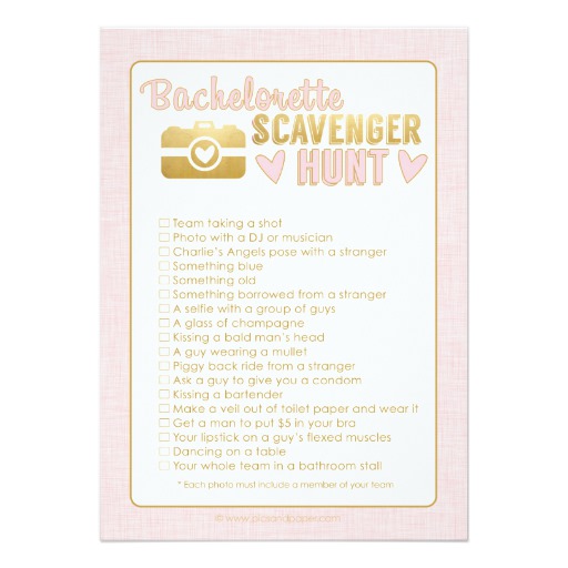 Bachelorette Party Photo Scavenger Hunt Game Pink Card