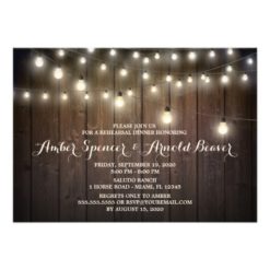 Barn Wood String Lights Wedding Rehearsal Dinner Card