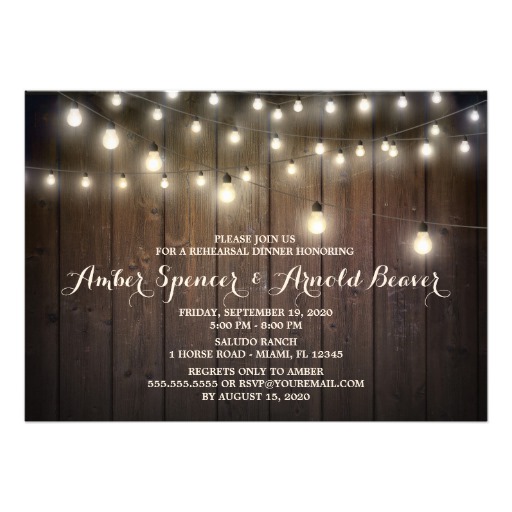 Barn Wood String Lights Wedding Rehearsal Dinner Card
