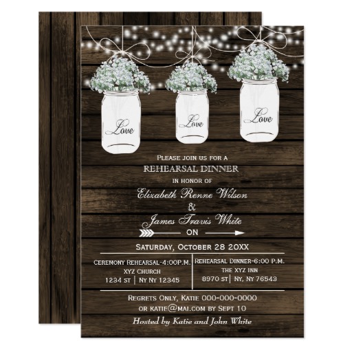 Barnwood mason jars rehearsal dinner invite