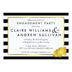 Black Stripe & Faux Gold Peony Engagement Party Card