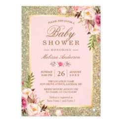 Blush Pink Floral Gold Sparkles Baby Shower Card