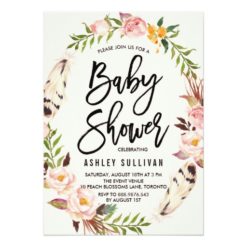 Bohemian Feathers and Floral Wreath Baby Shower Card