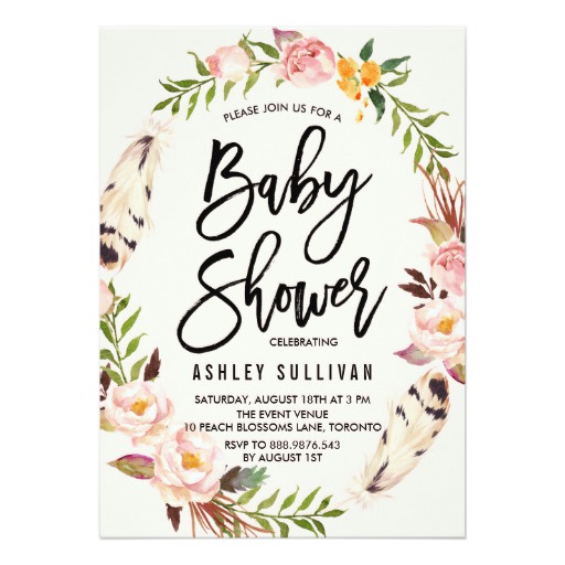Bohemian Feathers and Floral Wreath Baby Shower Card
