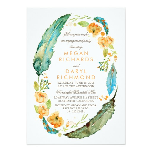 Boho Floral Feathers Vintage Teal Engagement Party Card
