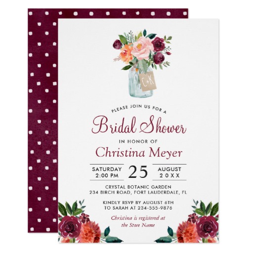 Burgundy Blush Pink Floral Mason Jar Bridal Shower Card
