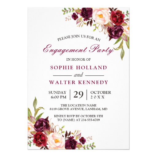 Burgundy Marsala Red Floral Chic Engagement Party Card