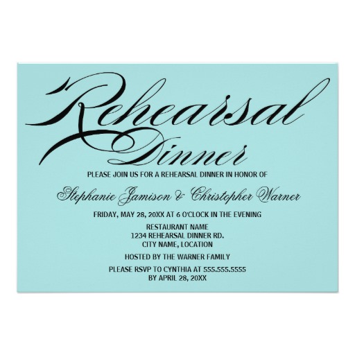 Calligraphy Elegance Aqua Rehearsal Dinner Card