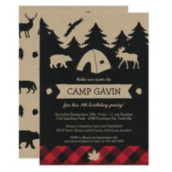 Cute Rustic Flannel Camping Birthday Party Invite