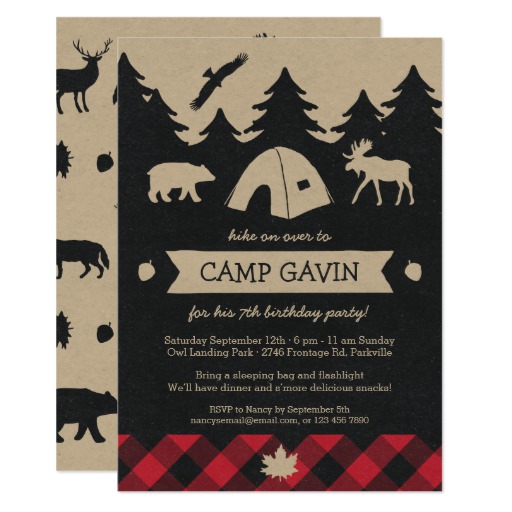 Cute Rustic Flannel Camping Birthday Party Invite