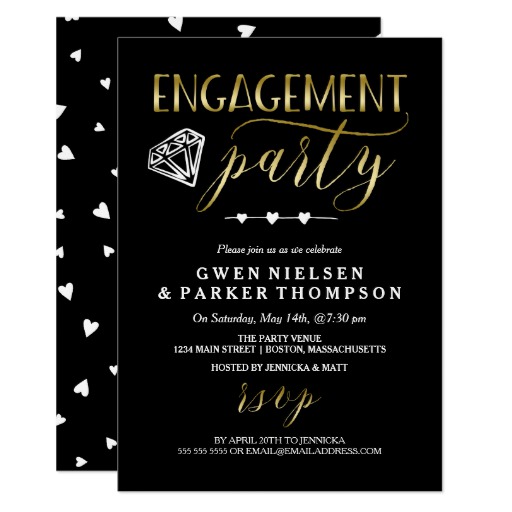 Diamond & Hearts | Black & Gold Engagement Party Card