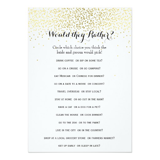 Double Side Gold Confetti Bridal Shower Games Card