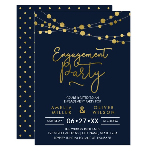 Elegant Blue Strings of Lights Engagement Party Card