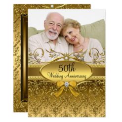 Elegant Gold Damask Photo 50th Anniversary Invite