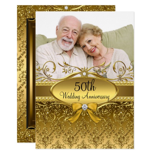 Elegant Gold Damask Photo 50th Anniversary Invite
