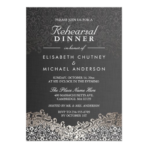 Elegant Silver Damask Formal Rehearsal Dinner Card