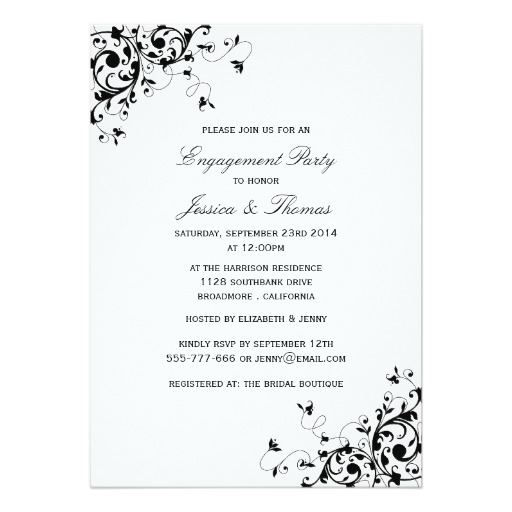 Elegant Swirls Black & White Engagement Party Card