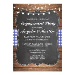 Engagement Party Lights Blue Check Wood Invite