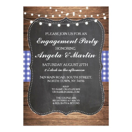 Engagement Party Lights Blue Check Wood Invite