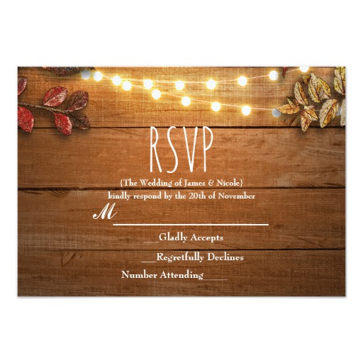 Fall Leaves & String Lights on Rustic Wood RSVP Card