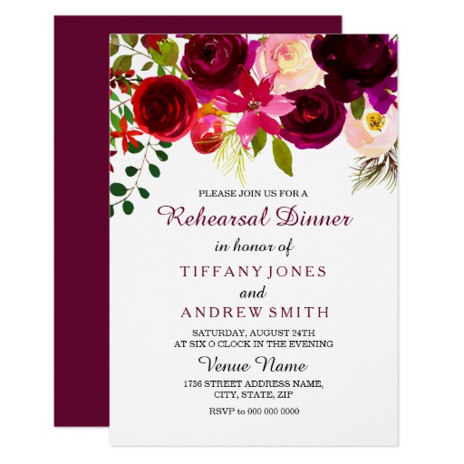 Floral Boho Burgundy Red Wedding Rehearsal Dinner Card