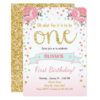 Floral First birthday invite Girl Pink Gold Roses