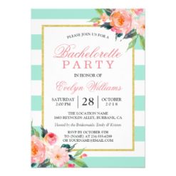 Floral Mint Green Stripes Gold Bachelorette Party Card