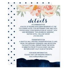 Floral Peach and Navy Watercolor Wedding Details Card