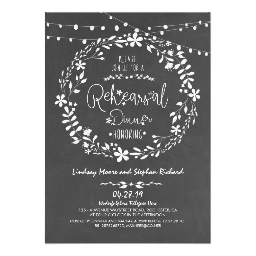 Floral Wreath String Lights Rehearsal Dinner Card