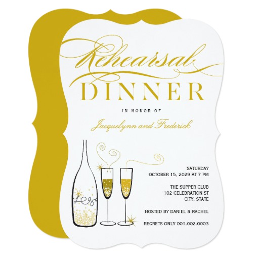 Gold Champagne Rehearsal Dinner Party Invite