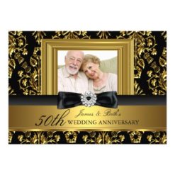 Gold Damask & Bow Photo 50th Wedding Anniversary Card