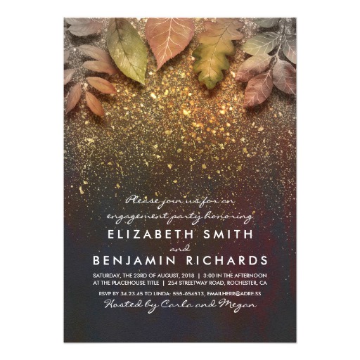 Gold Glitter Vintage Fall Leaves Engagement Party Card